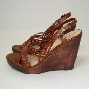 Frye Jackie Sling Back Brown Leather Wedge Platform Sandals